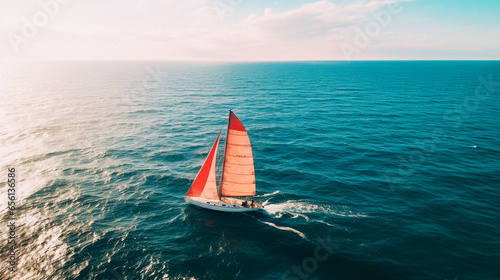 Aerial shot of a sailboat isolated in the middle of the ocean