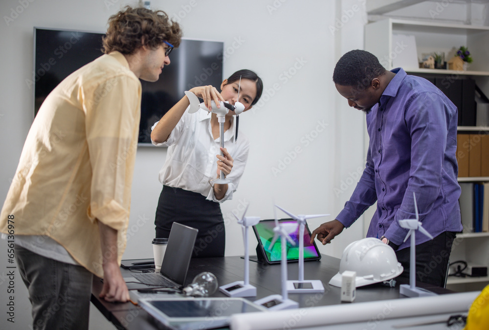 Fototapeta premium Startup team creates portable wind turbine prototype, matching user demand aim for investor funding