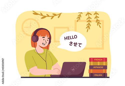 Woman learning language concept. Young girl near laptop with different languages, English and japanese. Education and studying. Studint doing homework. Cartoon flat vector illustration