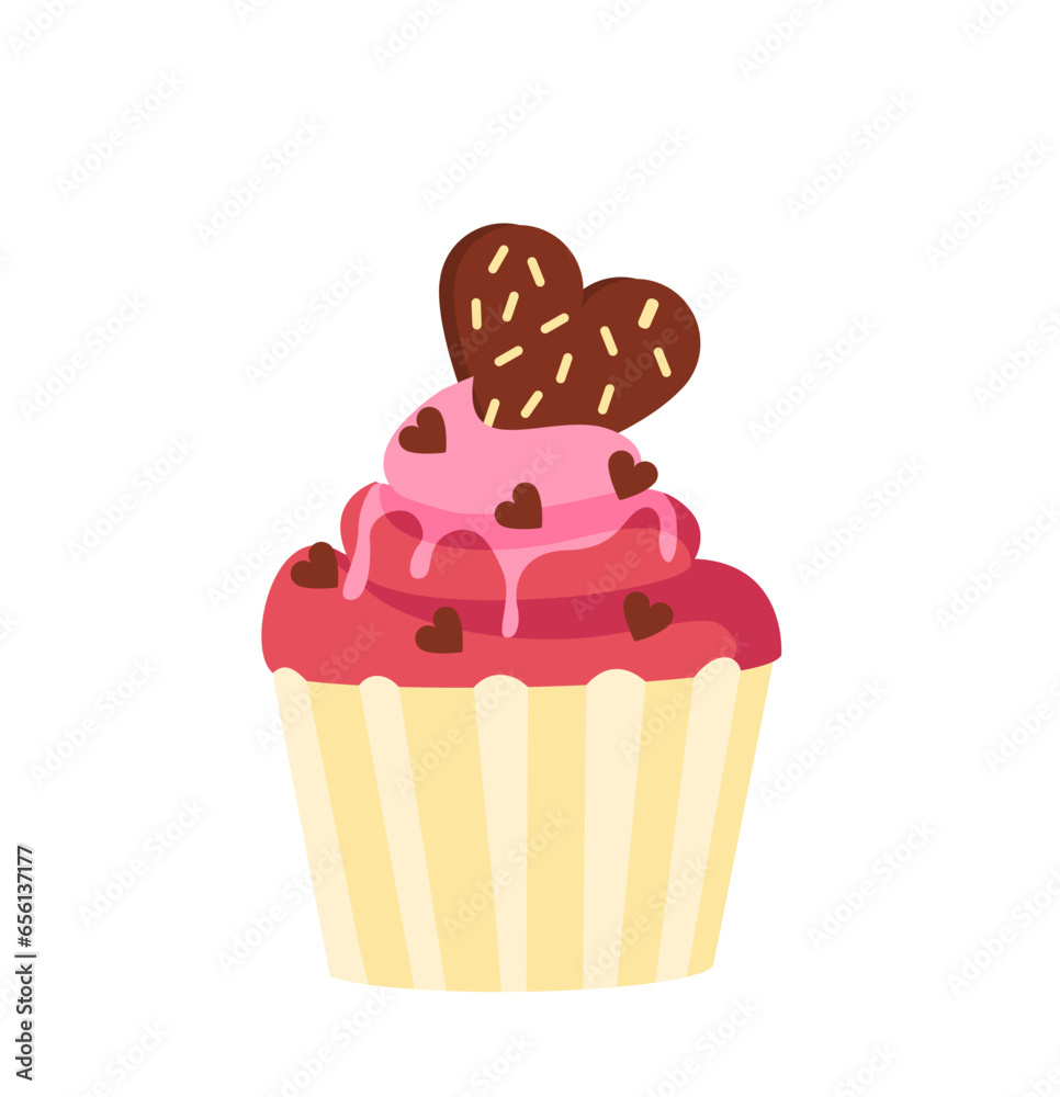 Happy valentine day cupcake concept. Bakery and homemade food. Cake with chocolate heart. Sticker for social networks. Cartoon flat vector illustration isolated on white background
