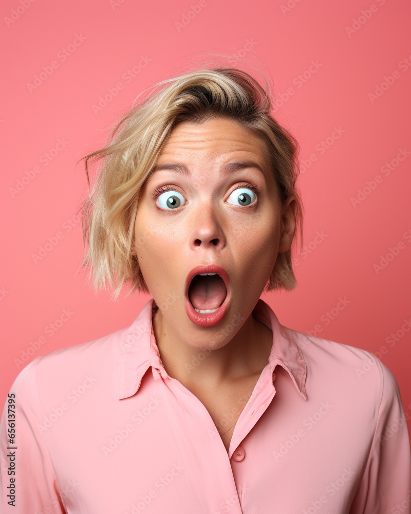 A white woman doing a shocked look on tan background A white woman doing a shocked look on tan background
