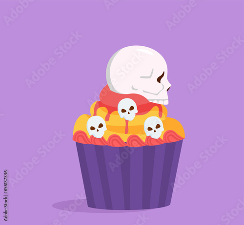 Halloween cupcake concept. Cake with skulls. Dessert for holiday of fear. Delicacy and bakery, pastry product. Poster or banner. Cartoon flat vector illustration isolated on violet background