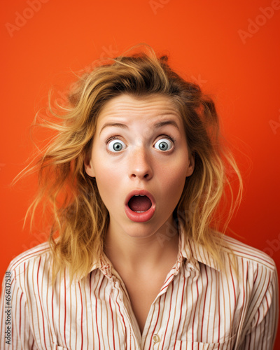 A white woman doing a shocked look on tan background © Ricardo Costa