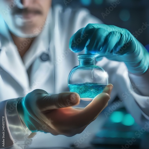 A close-up of a scientist's hand holding a vial containing a glowing bioluminescent organism1