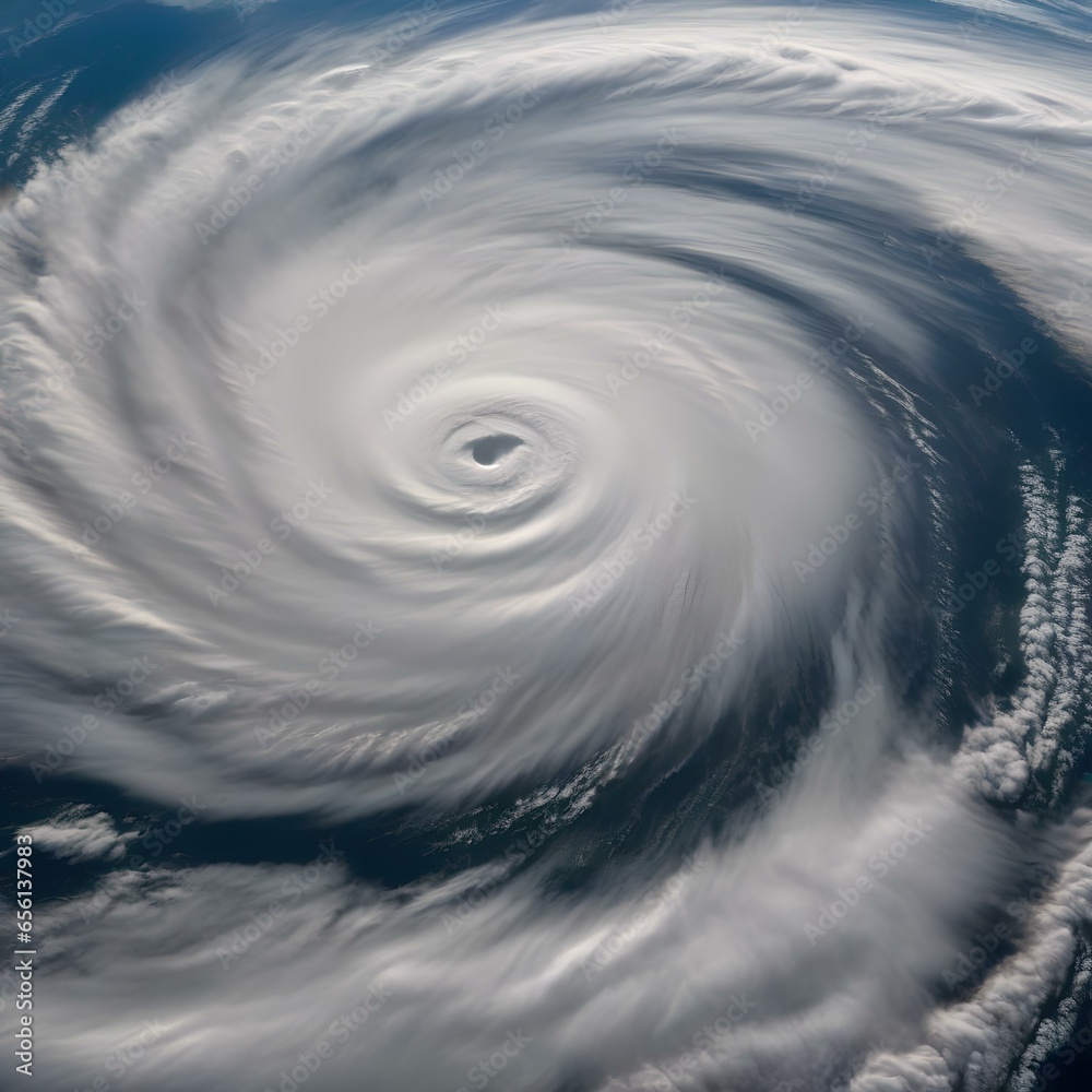 A satellite image of a hurricane viewed from space, with a well-defined eye and swirling clouds1