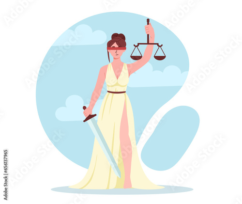 Justice woman concept. Young girl in white dress with scales and sword. Law and legal support. Judge Themis, Greek mythology goddess. Poster or banner. Cartoon flat vector illustration