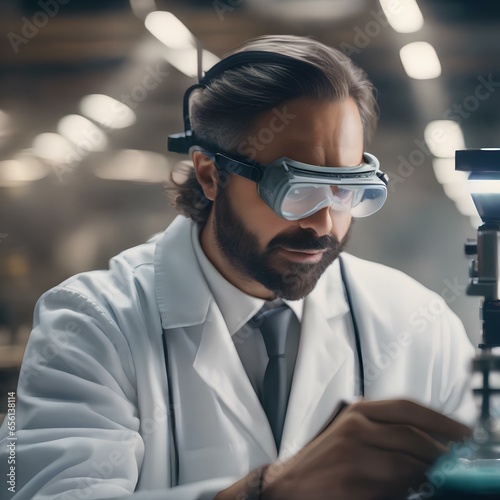 A close-up of a scientist's face, wearing safety goggles while conducting experiments1