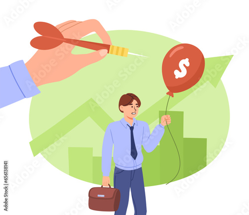 Man without money concept. Large hand with dart breaks red balloon with dollar symbol. Bankruptcy and unemployment. Inflation and economic recession. Cartoon flat vector illustration
