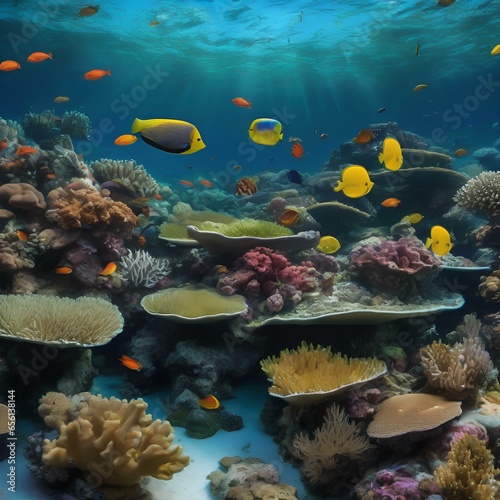 A panoramic view of a coral reef ecosystem, teeming with colorful marine life2