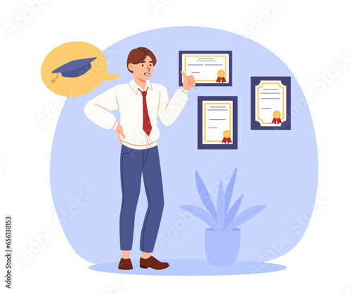 Man with diploma concept. Young guy in suit at background of certificates. Documents and awards for successful student. Education and learning, training. Cartoon flat vector illustration