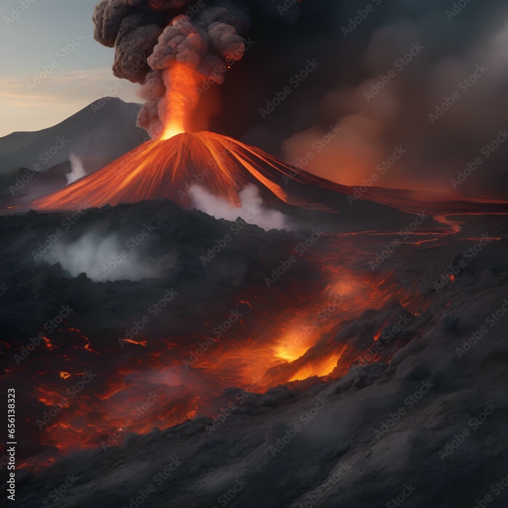 A cross-section of an erupting volcano, showing magma, ash, and volcanic gases in motion1