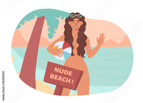 Woman at nude beach concept. Young girl without clothes and swimwear at coastline. Place for naked people rest and relax. Summer holiday and vacation. Cartoon flat vector illustration