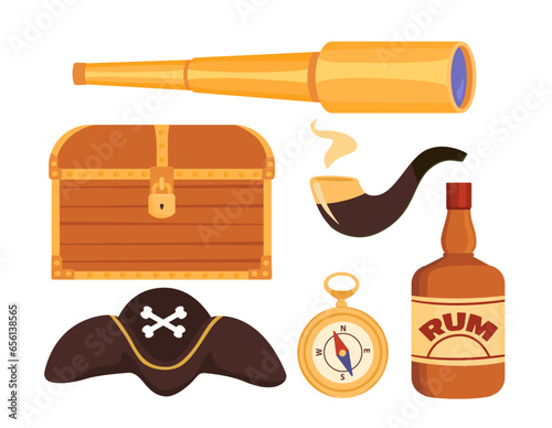 Set for pirates concept. Black hat with crossed bones, golden telescope and chest with treasure. Nautical adventure and travel. Cartoon flat vector collection isolated on white background