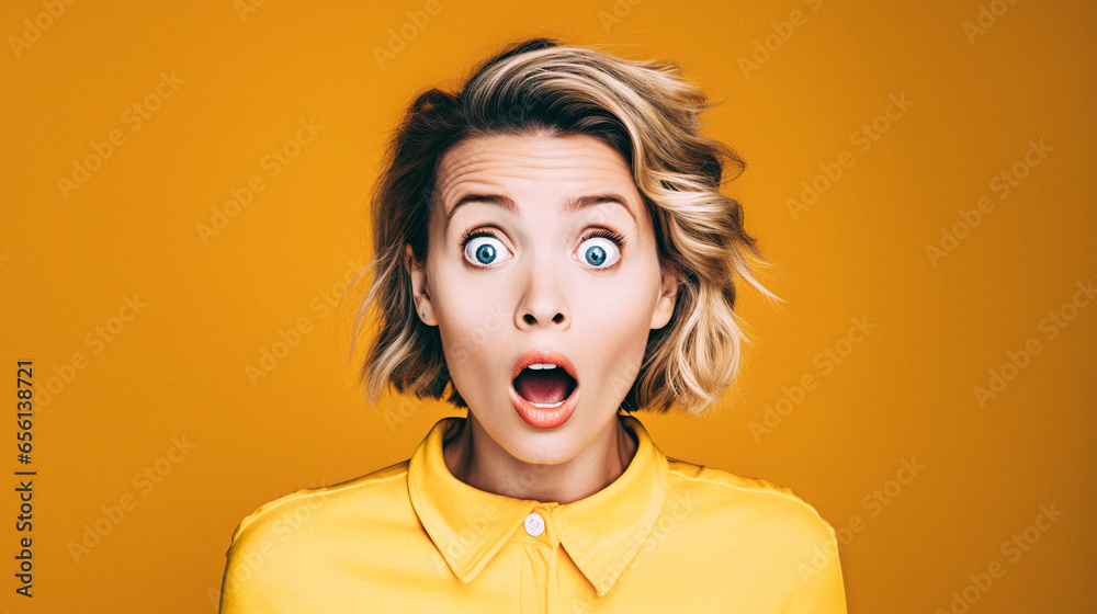 White woman doing a shocked look on tan background White woman doing a shocked look on tan background