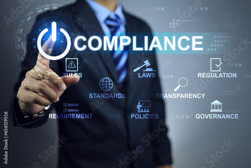 Businessman turn on compliance button to applied standards regulation for export products to foreign countries to meet government trade requirements business.