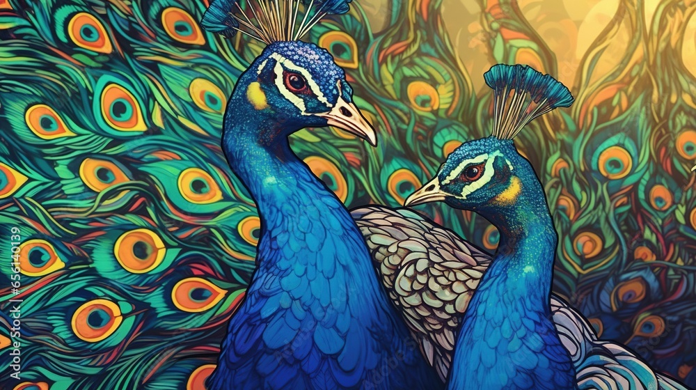 Fototapeta premium Striking peacocks displaying their feathers. Fantasy concept , Illustration painting.