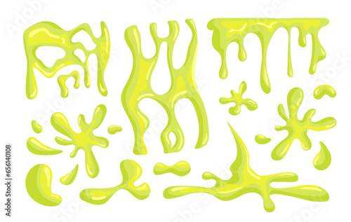 Set of slimes concept. Pack of green liquids drops and splashes. Abstract creativity and art. Toxic blobs and blots. Cartoon flat vector collection isolated on white background