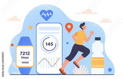 Sport fitness tracker concept. Man runs against near smart watch and smartphone. Gadgets and devices, modern technologies. Active lifestyle and sports, training. Cartoon flat vector illustration