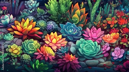 Succulent garden varieties. Fantasy concept   Illustration painting.