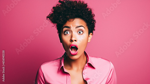 Black woman doing a shocked look on tan background