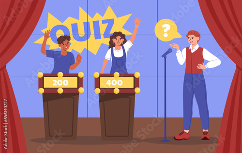TV program quiz concept. Host with players in intellectual game of erudition. Man and woman answer to questions. Television industry and broadcasting. Cartoon flat vector illustration