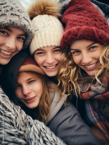 A Photo of a Group of Friends Wrapped in Warm Scarves, Huddled Together Outside