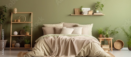 Cozy bedroom with mock up poster frame boho bed beige bedding green stucco wall books plants and personal accessories