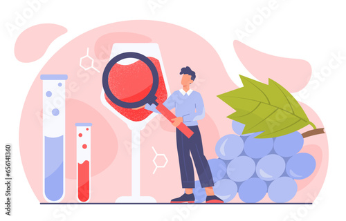 Man with wine production concept. Young guy near glass with alcoholic drink with loupe. Character near grape. Chemical formulas for beverages. Cartoon flat vector illustration