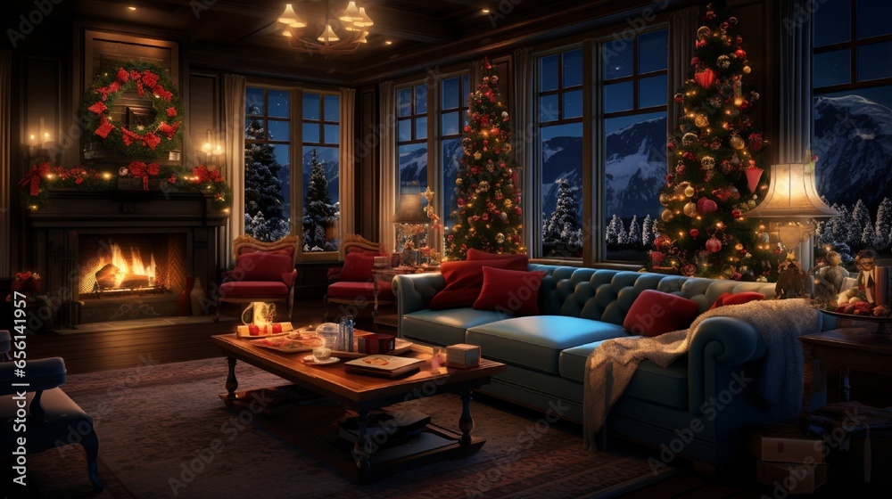 fireplace with Christmas decorations in room generated by AI tool 