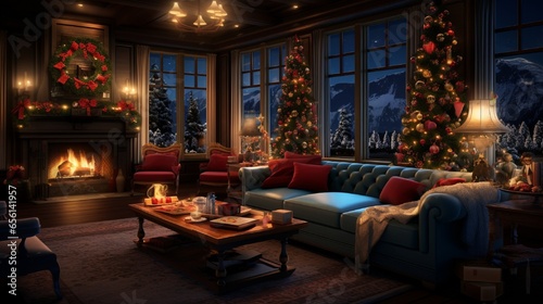 fireplace with Christmas decorations in room generated by AI tool 