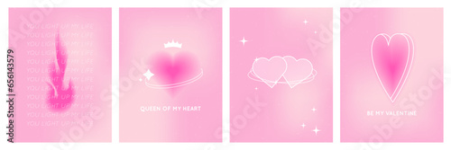 Y2k aesthetic Valentine’s day design poster set. Aura heart shape, glow pink gradient, love romantic concept. Modern card, banner, cover. Vector illustration.