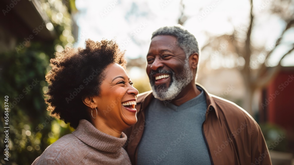 middle age african american couple laughing - obrazy, fototapety, plakaty 