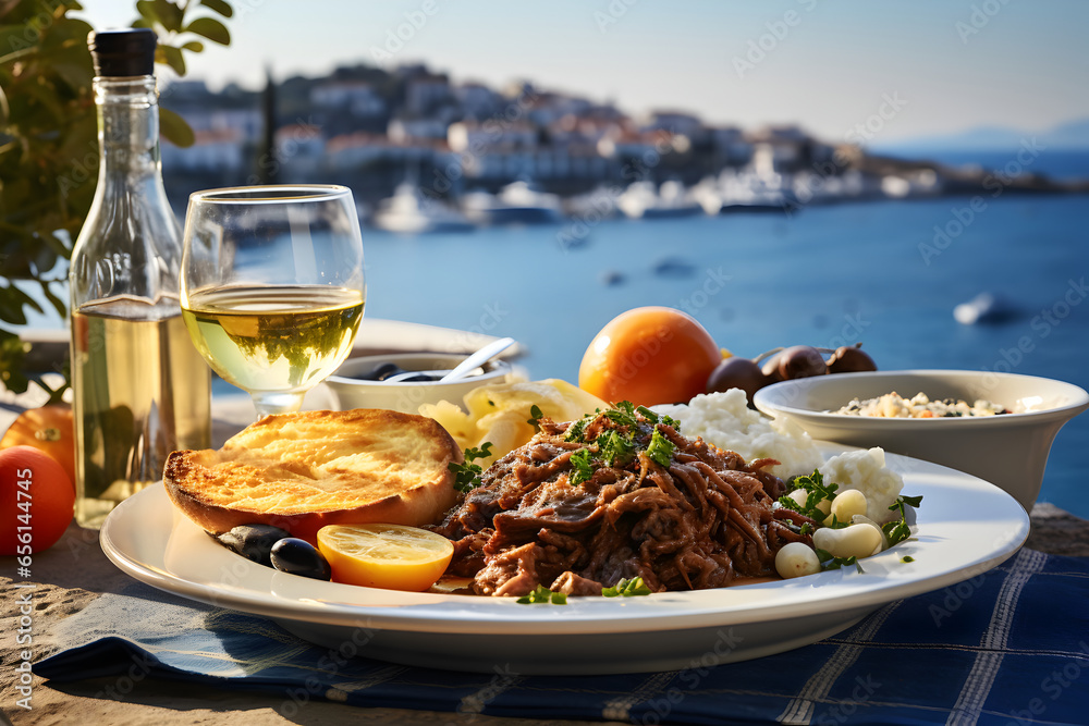  A charming Greek taverna by the sea, with a plate of golden-brown moussaka served alongside a Greek salad and olives. The composition should evoke the laid-back charm of Mediterranean dining. - obrazy, fototapety, plakaty 