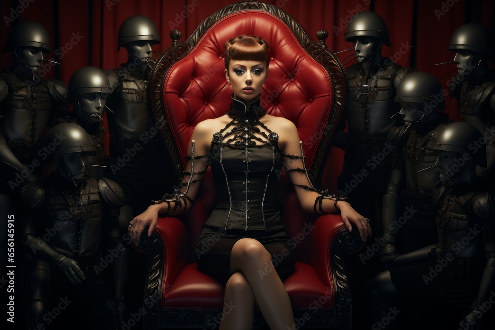 Baroness with red Hair and a stern look sits on a red throne surrounded by men in black suits Generative AI