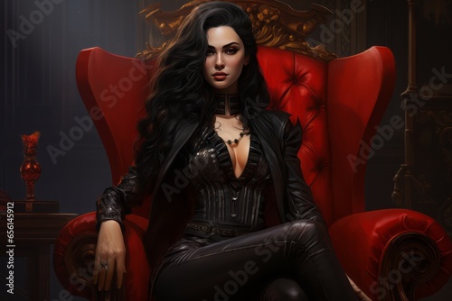 Baroness with a stern look sits on a red throne Generative AI