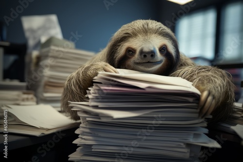 Sloth with huge stack of papers and documents  Symbolic image for slow bureaucracy Generative AI