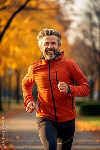 Man in his 50s jogging | Best Ager runs in the fall Generative Ai