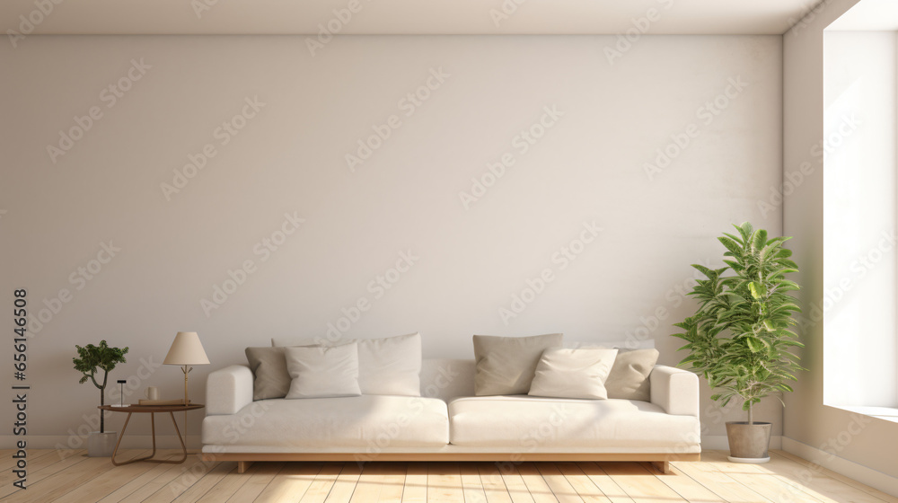 Fototapeta premium シンプルな白色の壁にナチュラルなソファーがある部屋