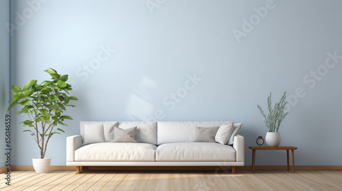 シンプルな淡い青色の壁にナチュラルなソファーがある部屋