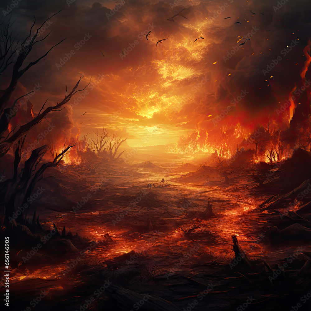 Fire and destruction stock illustration - AI generated disaster scenery