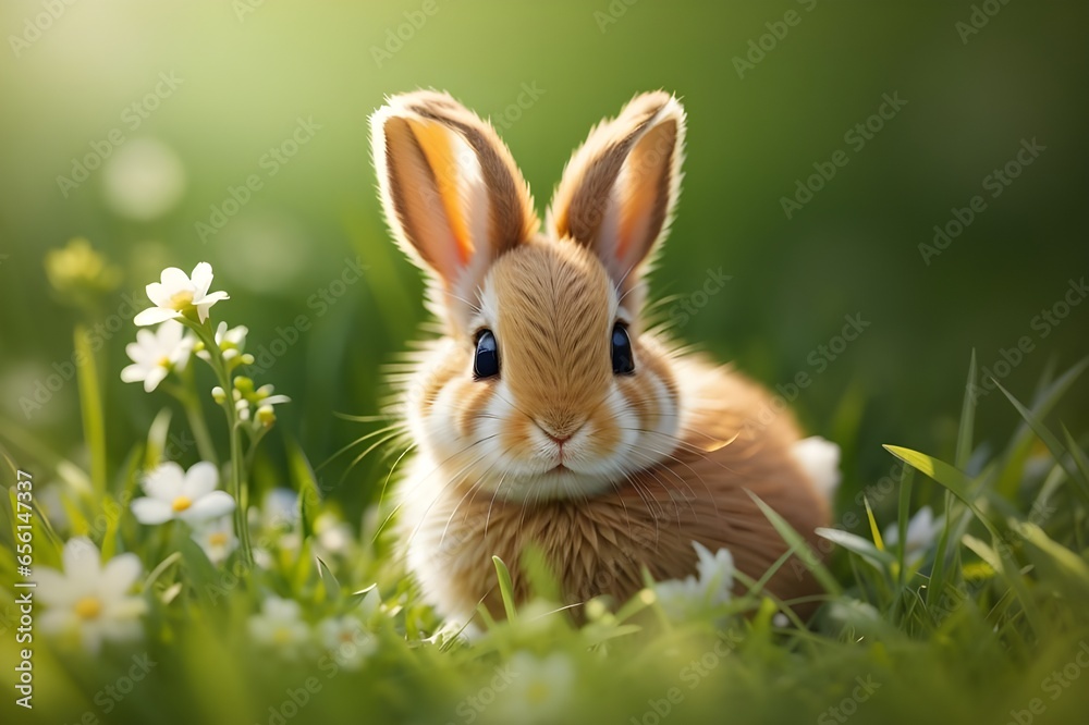 Obraz premium A cute baby rabbit in the grass in spring Generative AI