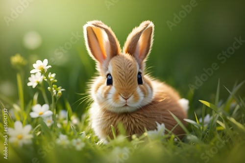A cute baby rabbit in the grass in spring Generative AI © CloudSL