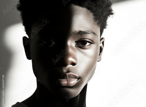 African boy with half of his face under the shadow