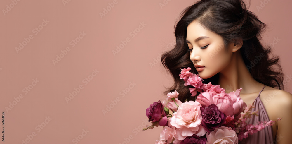 Young Asian woman with flowers on pink copy space