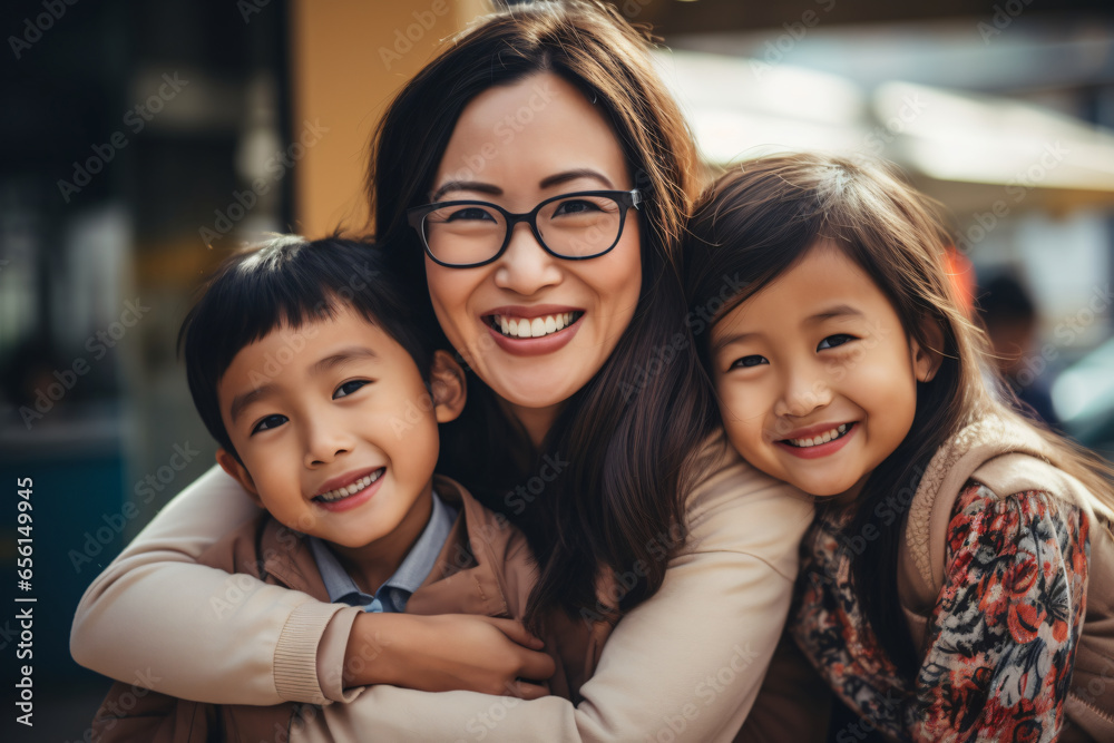 asian woman in glasses hugging two youngschool childre