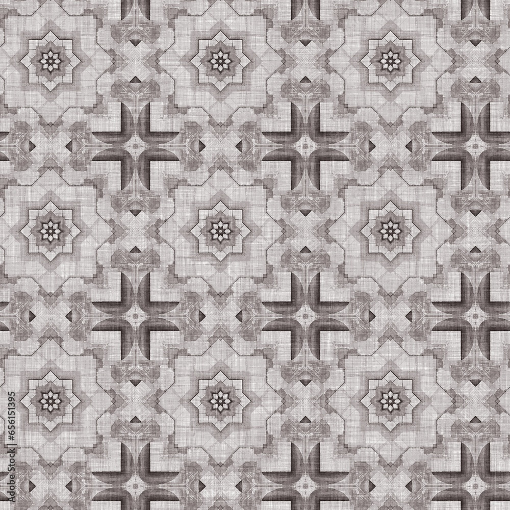 Traditional grey mosaic seamless pattern print. Fabric effect mexican patchwork damask grid Square shape symmetrical background textile . Creative colorful graphic design.
