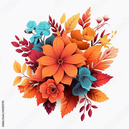 A playful vector art design of fall leaves and flowers, cartoon style, white background, AI generated