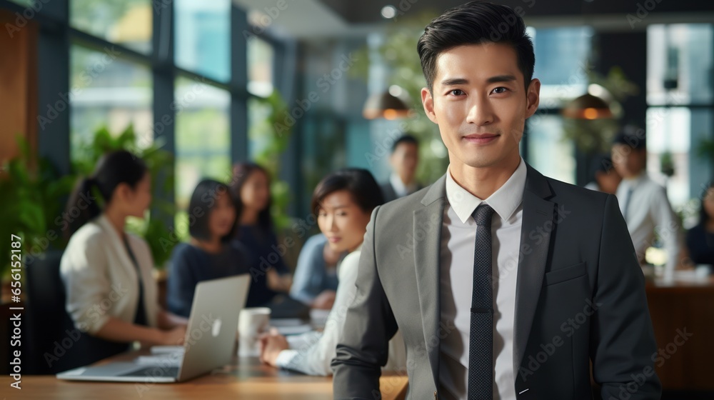 Naklejka premium Asian young male happy smiling professional business, happy confident positive female entrepreneur in office business co-working, looking at camera.
