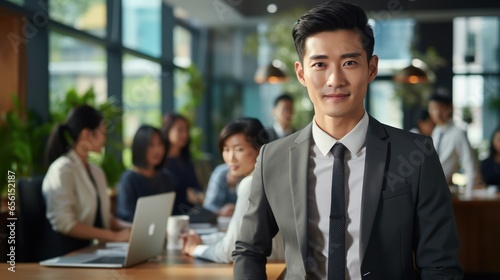 Asian young male happy smiling professional business, happy confident positive female entrepreneur in office business co-working, looking at camera.