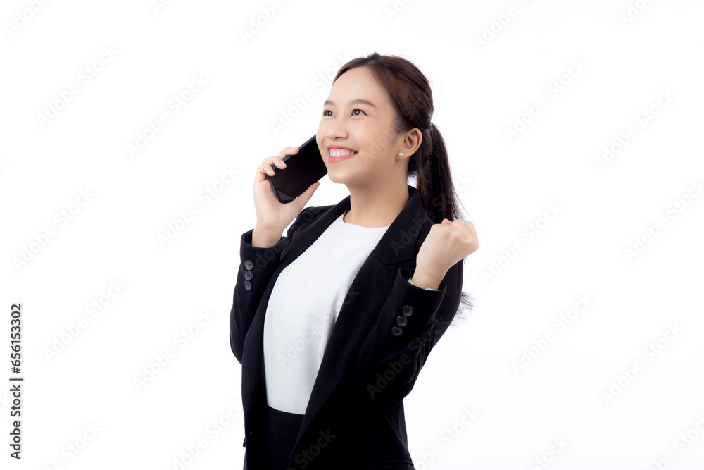 Young asian business woman in suit talking on smart phone isolated on white background, businesswoman speaking on smartphone with conversation, female holding cell phone, communication concept. Young asian business woman in suit talking on smart phone isolated on white background, businesswoman speaking on smartphone with conversation, female holding cell phone, communication concept.